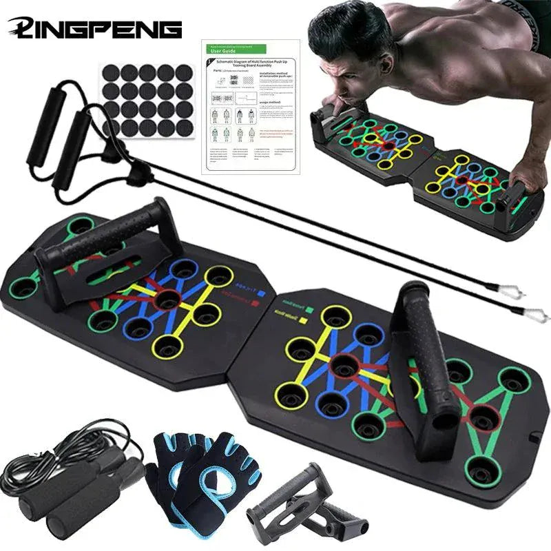 Multifunctional Portable Push-Up Board Set with color-coded hand positions for targeted muscle workouts and easy portability