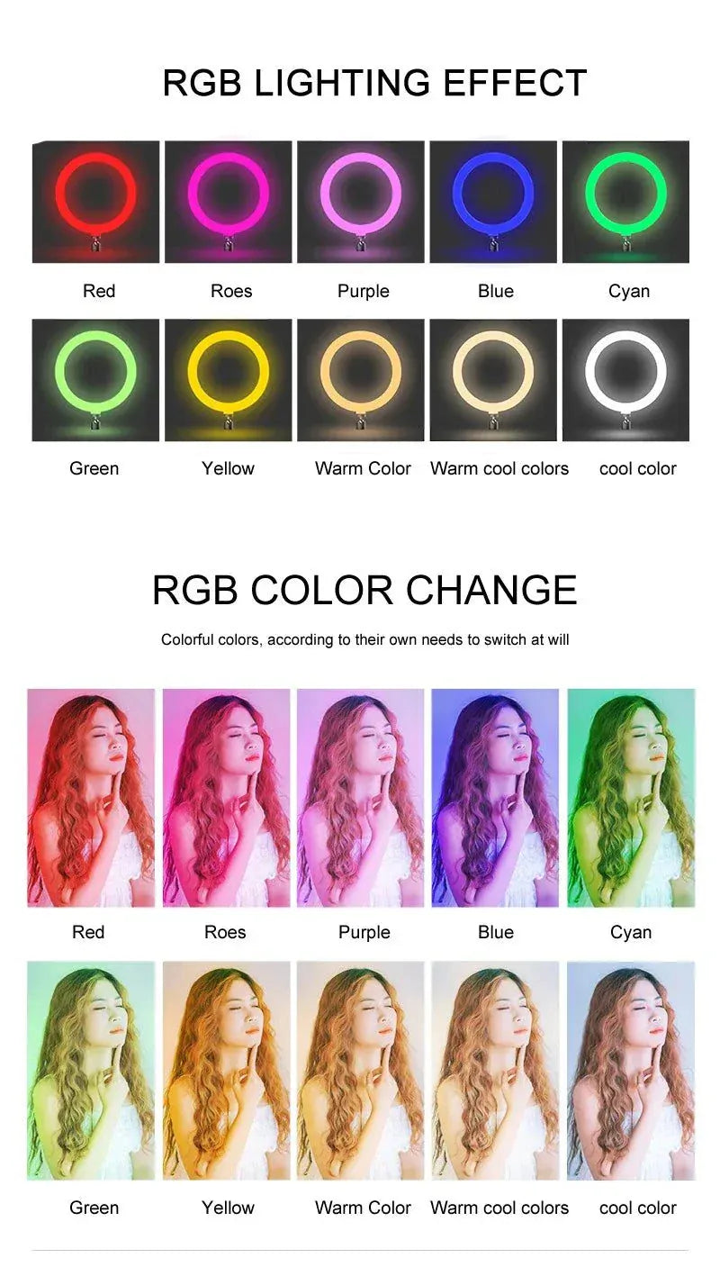 RGB LED ring light with remote control for adjustable brightness and color temperature