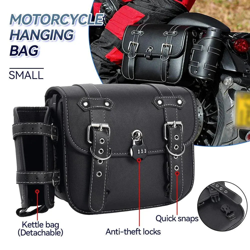 Large black Motorcycle SaddleBag mounted on a Harley-Davidson motorcycle side storage compartment
