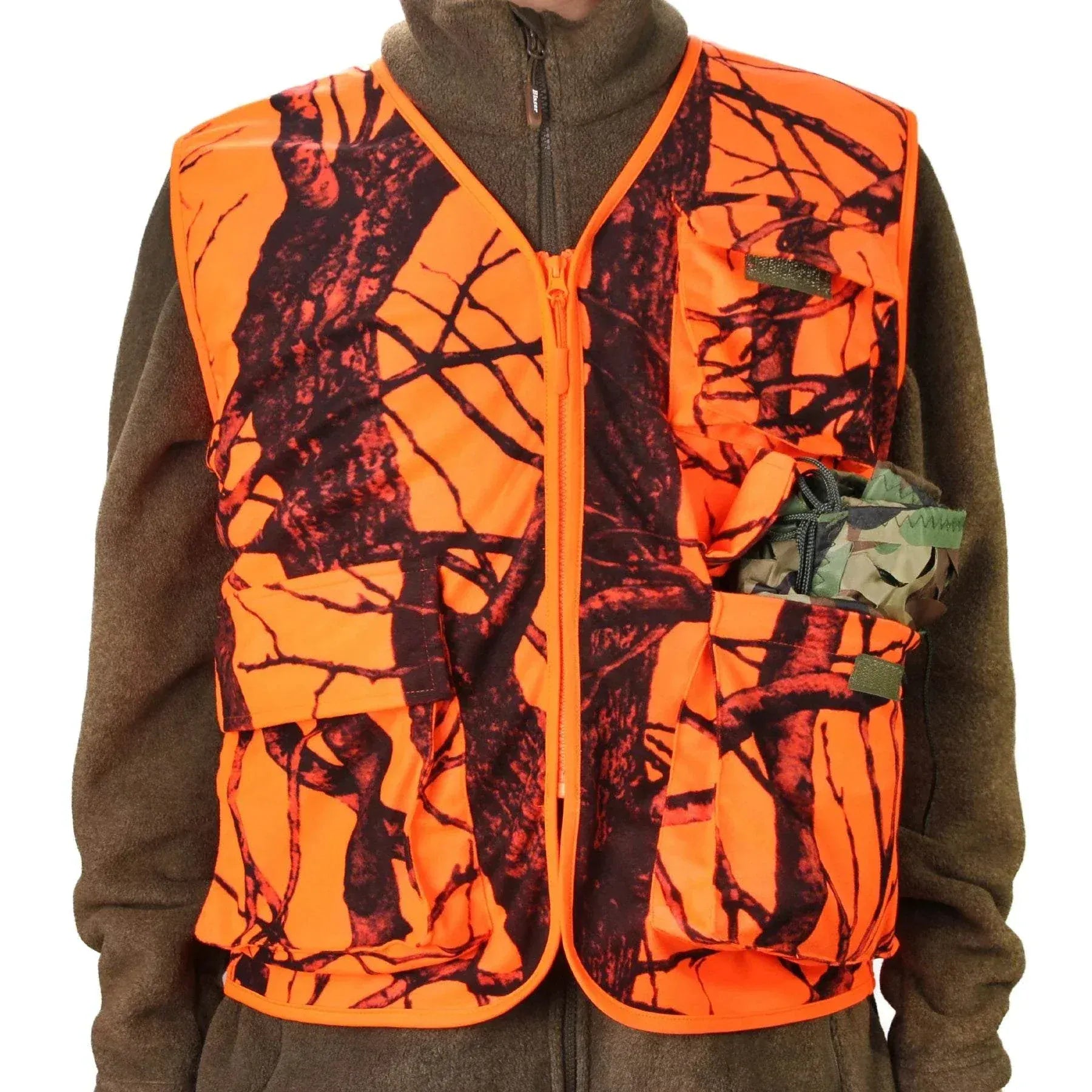 Mens orange outdoor vest with multiple pockets for hiking, fishing, and hunting, breathable quick-dry polyester waistcoat