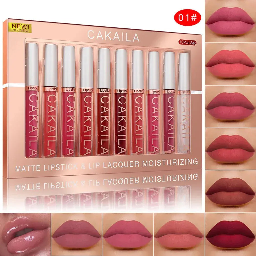 10-piece nude matte lip gloss set with smooth velvet texture and long-lasting waterproof formula