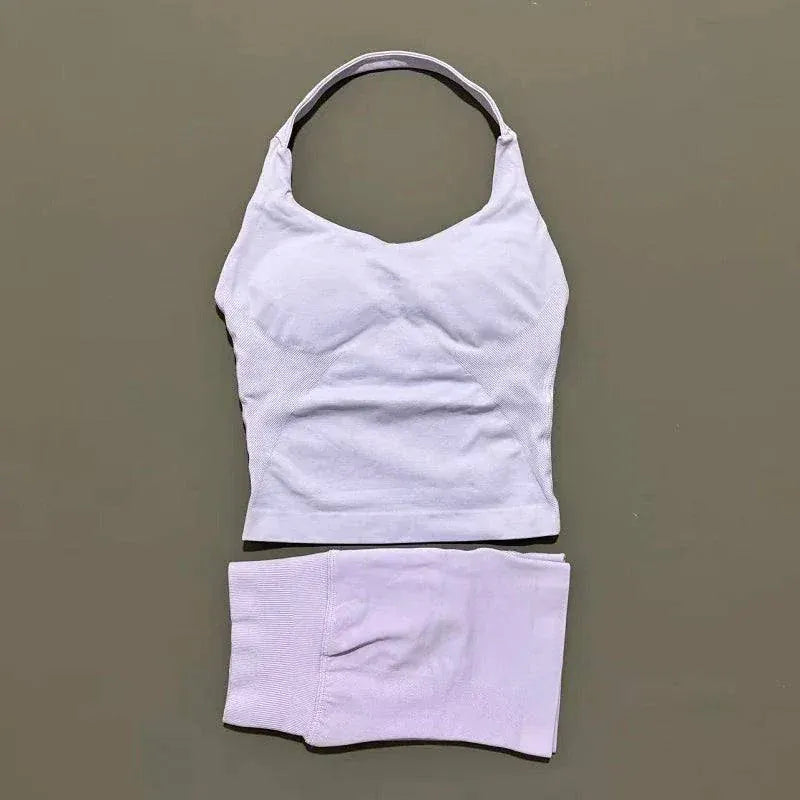 Women wearing HISTELLO Halter Top strappy bra and seamless yoga shorts set