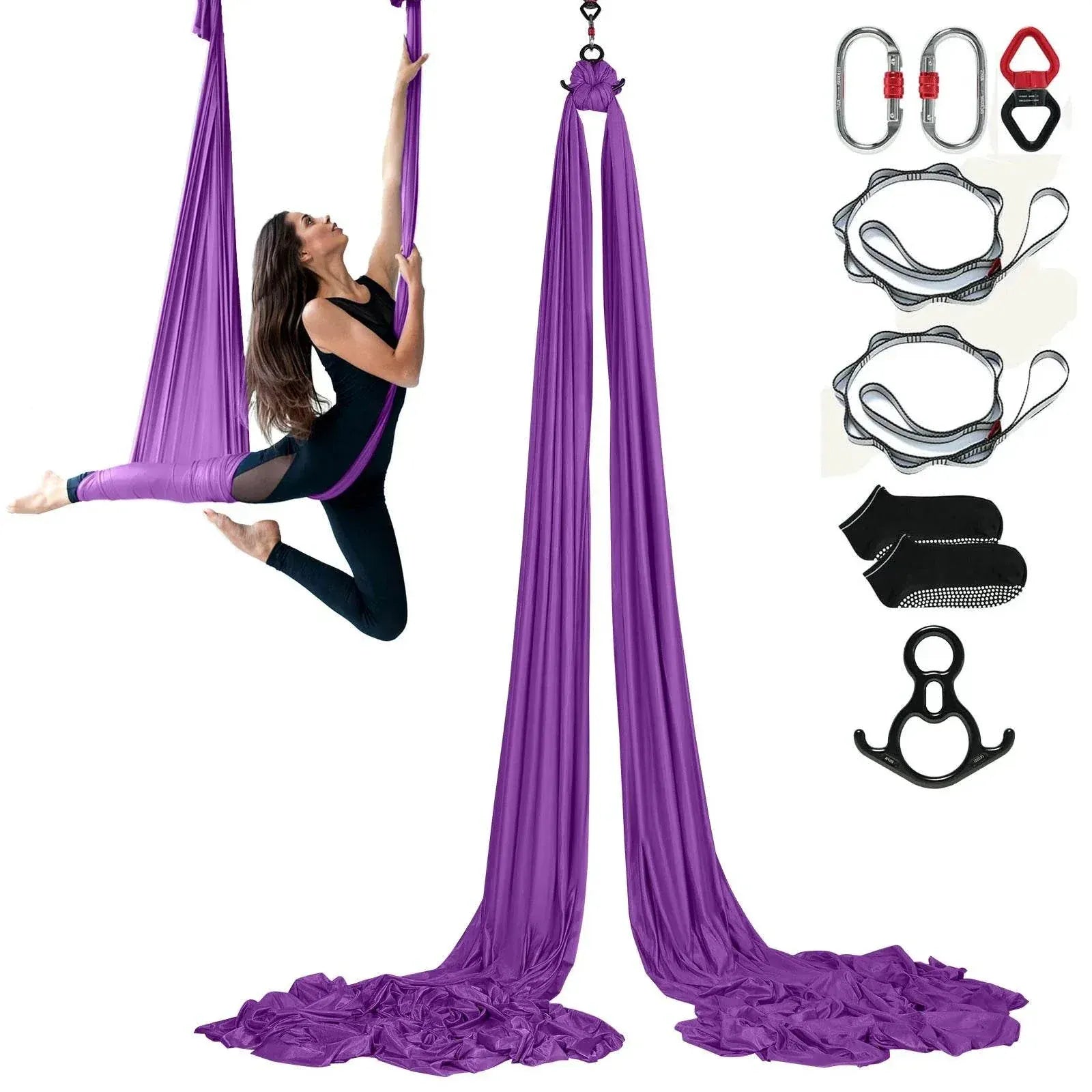 Purple SucceBuy aerial yoga hammock made of premium nylon fabric for adults, suitable for inversion exercises and aerial swing yoga.