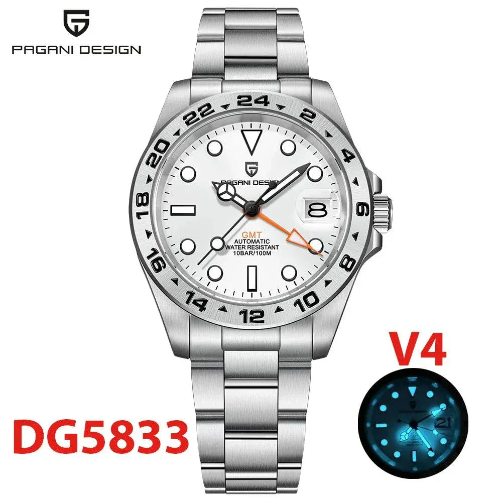 PAGANI DESIGN GMT automatic mechanical watch with stainless steel case and blue luminous hands