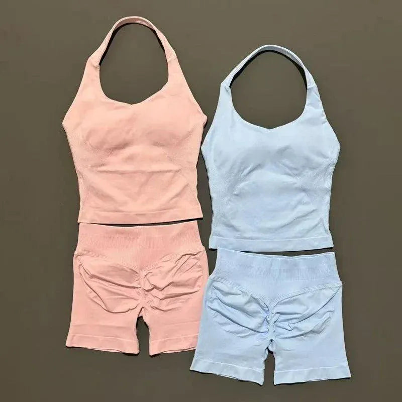 Women wearing 2 pcs HISTELLO halter top strappy bra and seamless yoga shorts set for workout