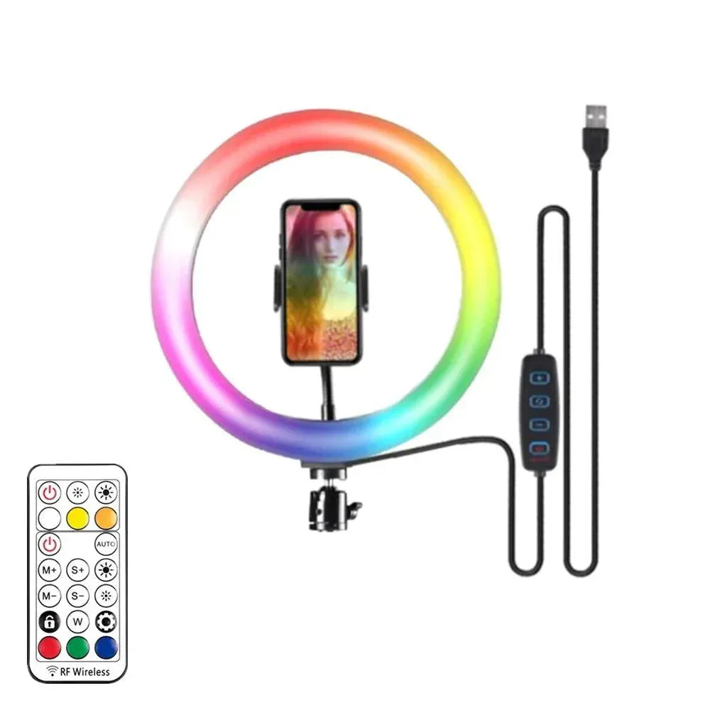 RGB LED Ring Light with remote control for adjustable brightness and color modes, ideal for content creators and mobile devices