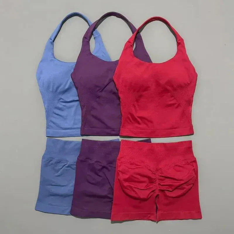 Women wearing HISTERLLO Halter Top and seamless strappy bra shorts yoga workout set