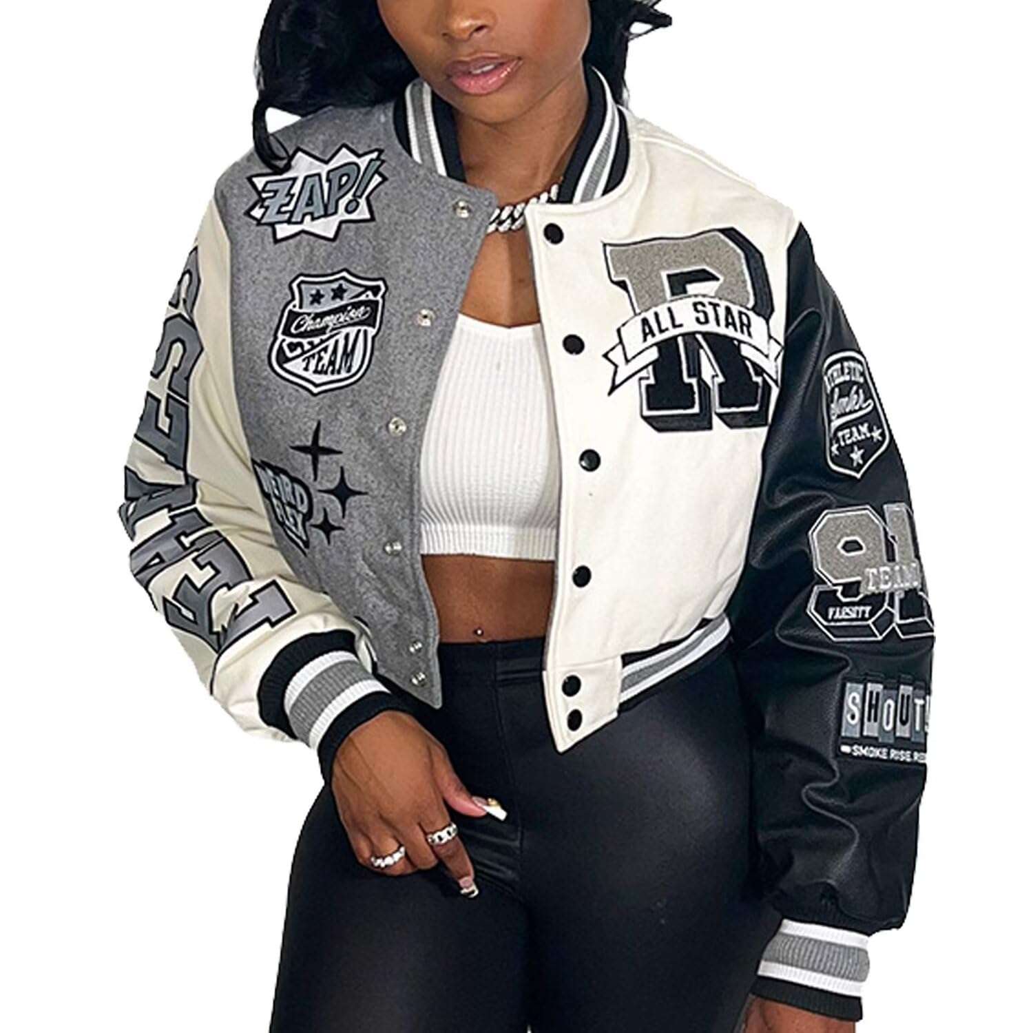 Womens cropped varsity jacket with classic design and sporty chic style