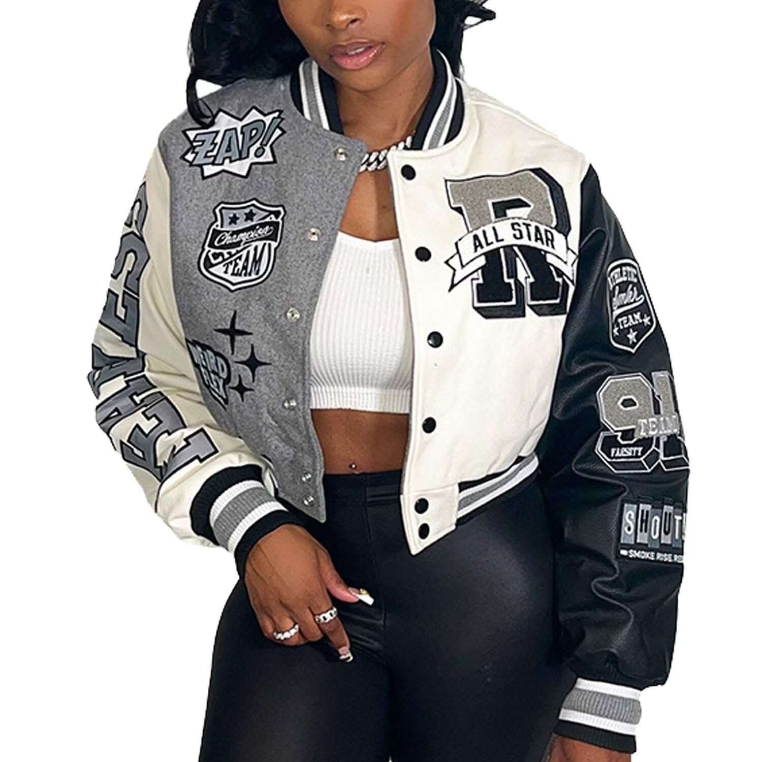 Womens cropped varsity jacket with classic design and sporty chic style