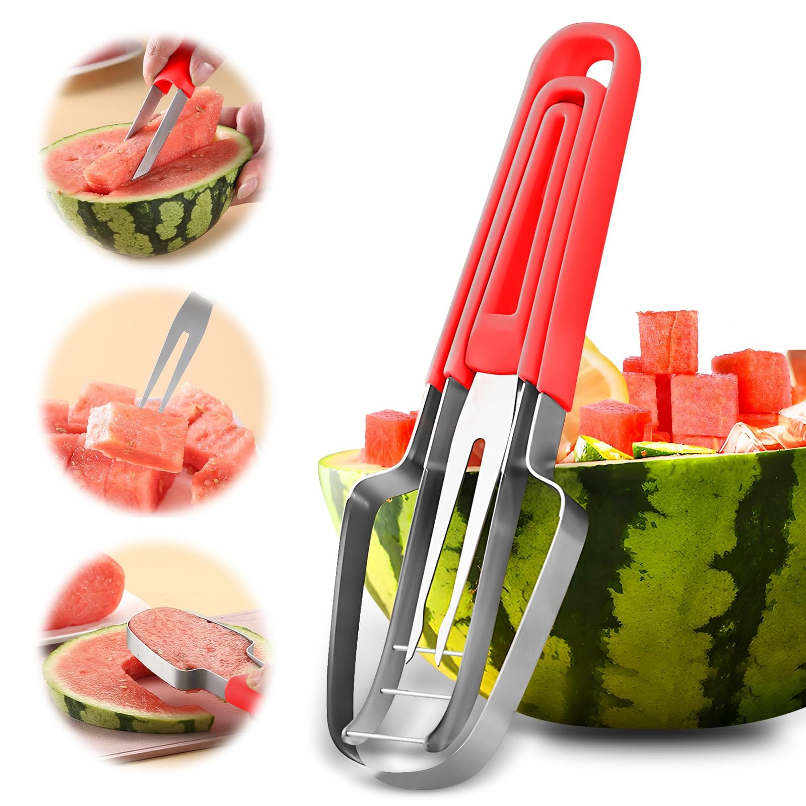 3-in-1 Watermelon Multi-Slicer with fork, cutter, and popsicle molds for easy fruit slicing and serving