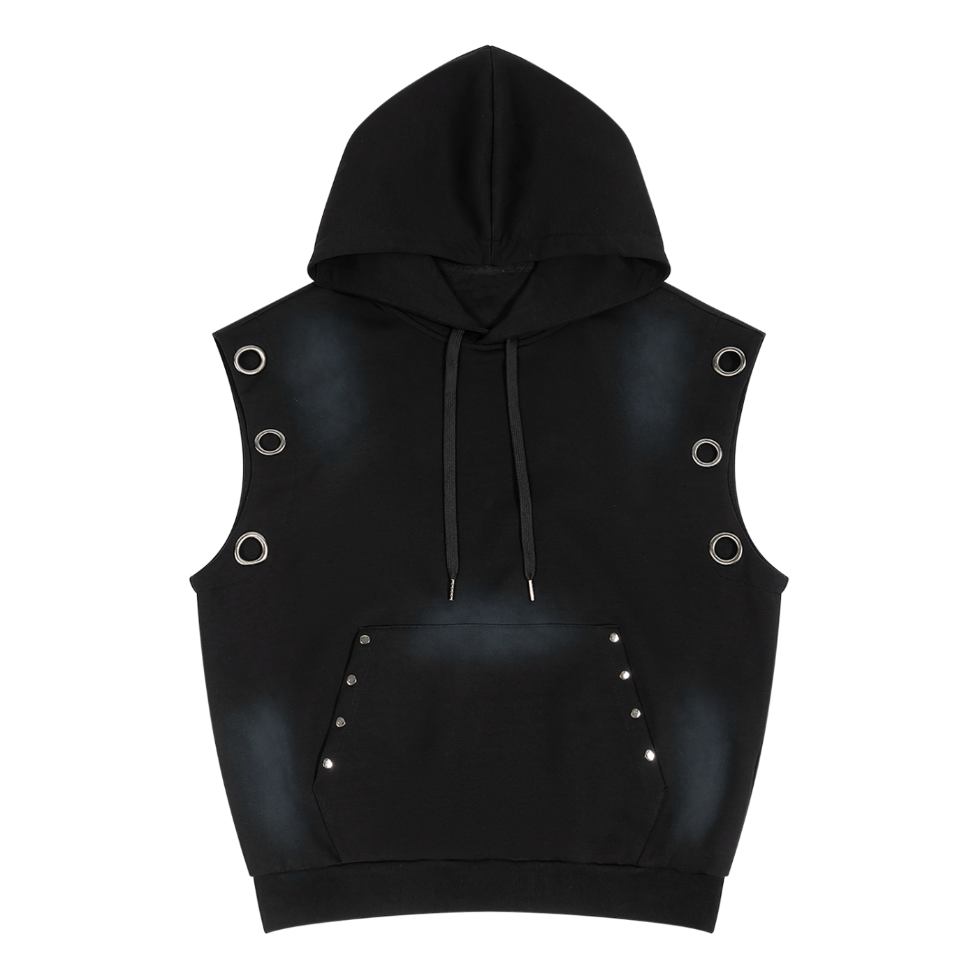 Unisex vintage wash sun fade sleeveless hoodie with heavyweight fabric and oversized metal eyelets