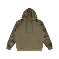 A hooded button-front jacket with an olive green body and camouflage-patterned sleeves and hood, shown flat against a plain white background.
