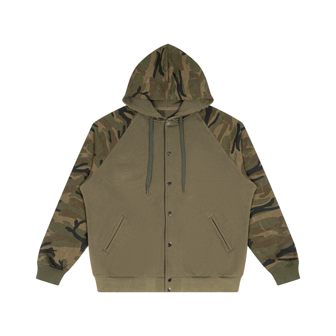 A hooded button-front jacket with an olive green body and camouflage-patterned sleeves and hood, shown flat against a plain white background.