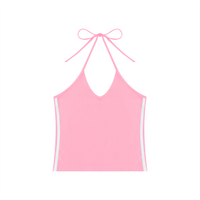 Women’s Color Block Halter Crop Tank Top with V-neck, backless halter tie, and slim fit in Y2K color block design
