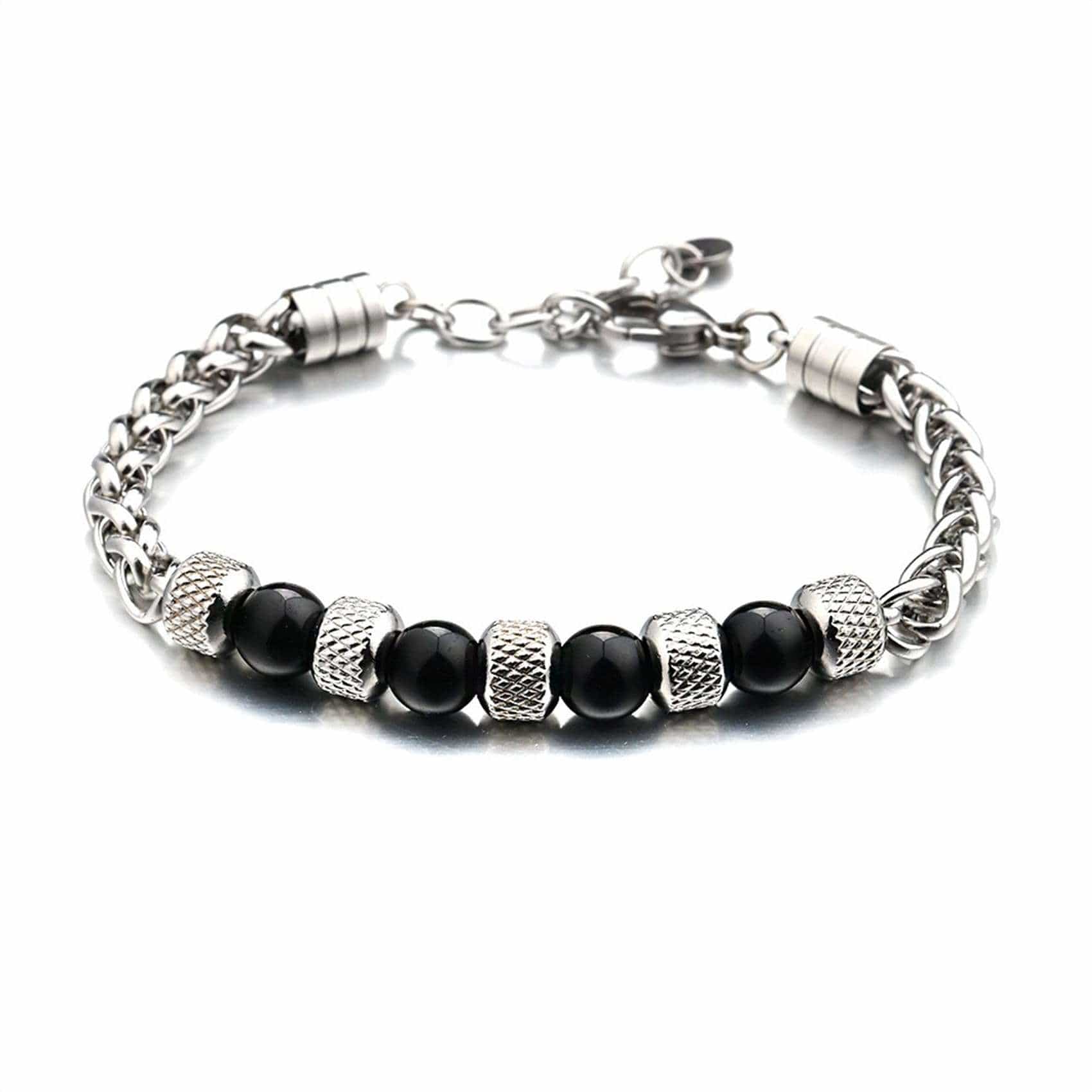 Mens beaded bracelets with black onyx stones and engraved stainless steel beads
