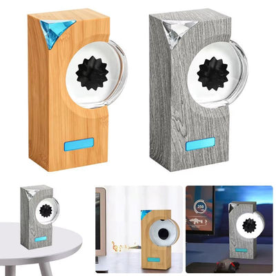 Dancing ferrofluid desk toy with music rhythm LED light, modern wooden and gray rectangle magnetic fluid speaker for home decor and stress relief.