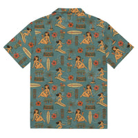 Retro Pinup Hawaiian Shirt – 50s Surf Girl Tropical All-Over Print Button Up | Vintage Tiki Summer Shirt