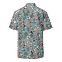 Dusty-blue Pickleball Hawaiian shirt with vintage paddles, flamingos, toucans, and tropical print, unisex with UPF 50+ protection