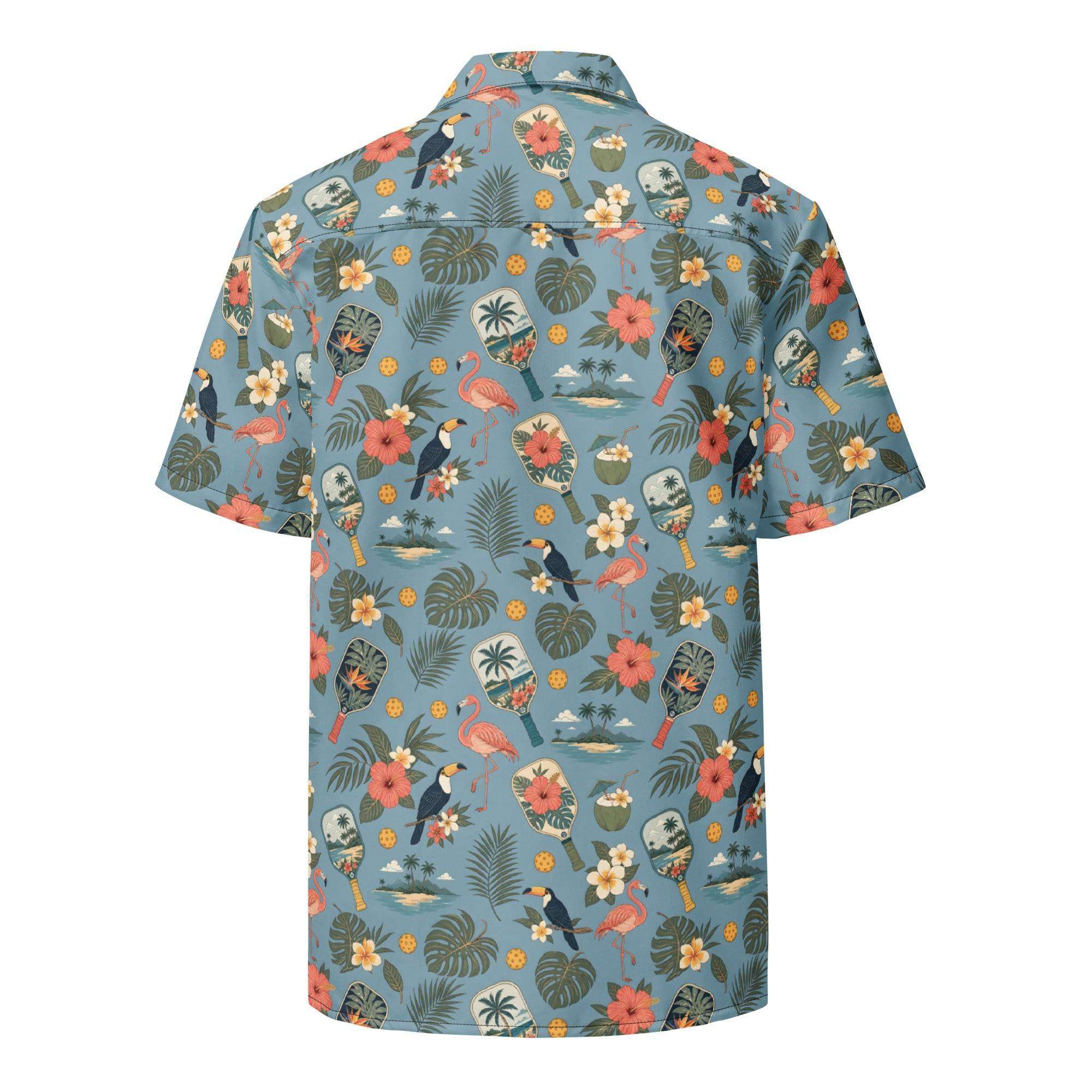Dusty-blue Pickleball Hawaiian shirt with vintage paddles, flamingos, toucans, and tropical print, unisex with UPF 50+ protection
