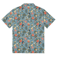 Pickleball Hawaiian shirt with tropical vintage paddles, flamingos, toucans, and hibiscus print in dusty blue, unisex breathable button-up with UPF 50+ sun protection