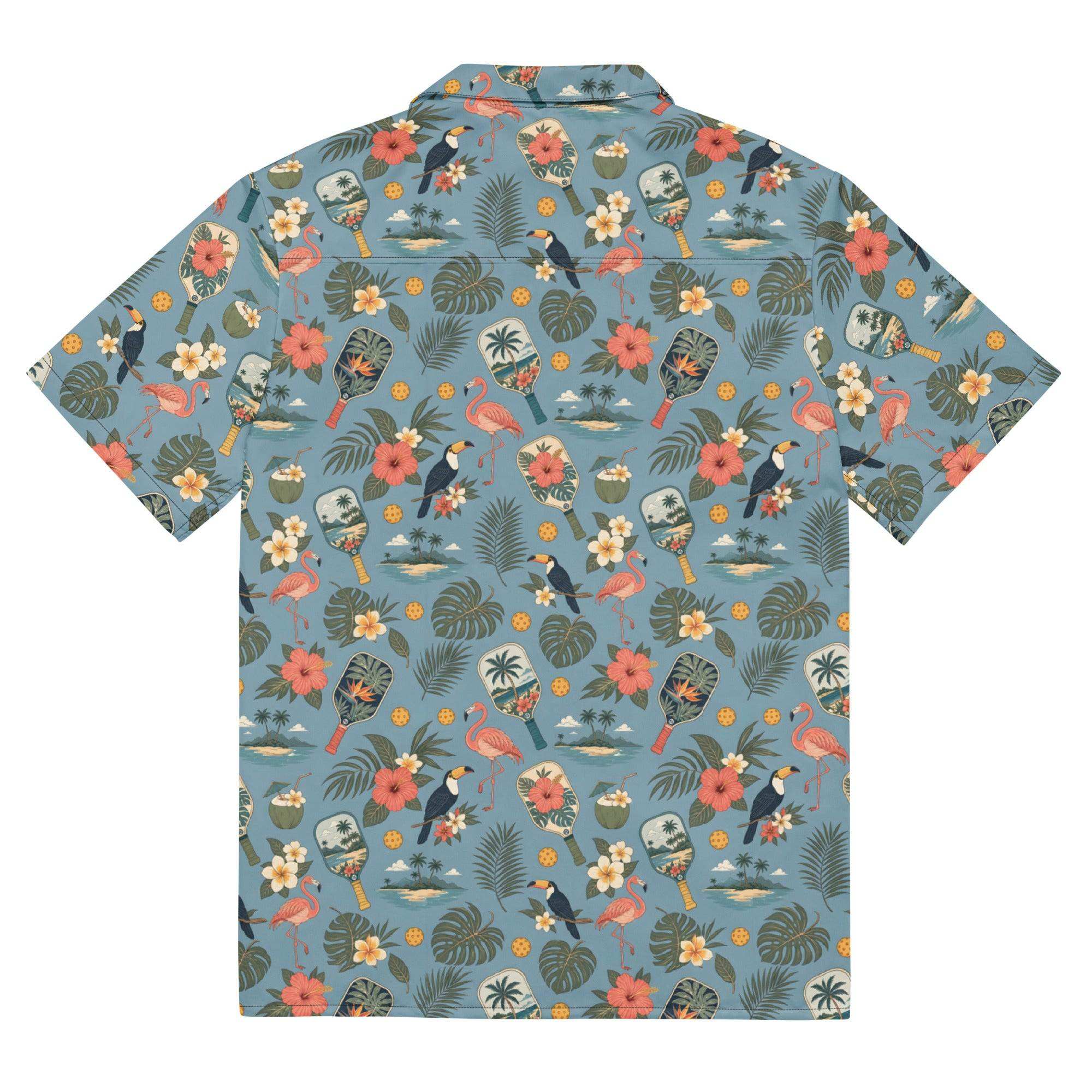 Pickleball Hawaiian shirt with tropical vintage paddles, flamingos, toucans, and hibiscus print in dusty blue, unisex breathable button-up with UPF 50+ sun protection