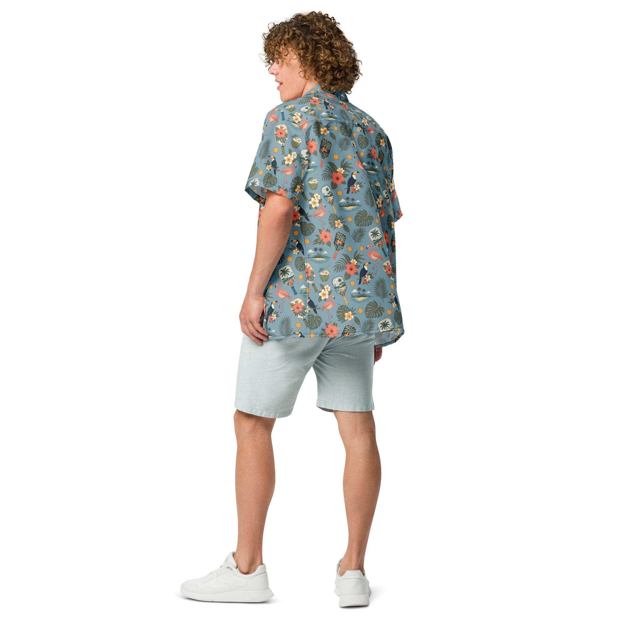 Dusty-blue Pickleball Hawaiian shirt with vintage paddles, flamingos, toucans, and tropical print, unisex UPF 50+ button-up breeze
