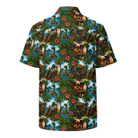 Bigfoot Hawaiian shirt with tropical Sasquatch tiki print unisex UPF 50+ button-up