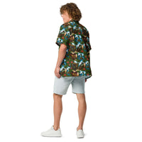 Bigfoot Hawaiian shirt with tropical Sasquatch tiki print and UPF 50+ sun protection