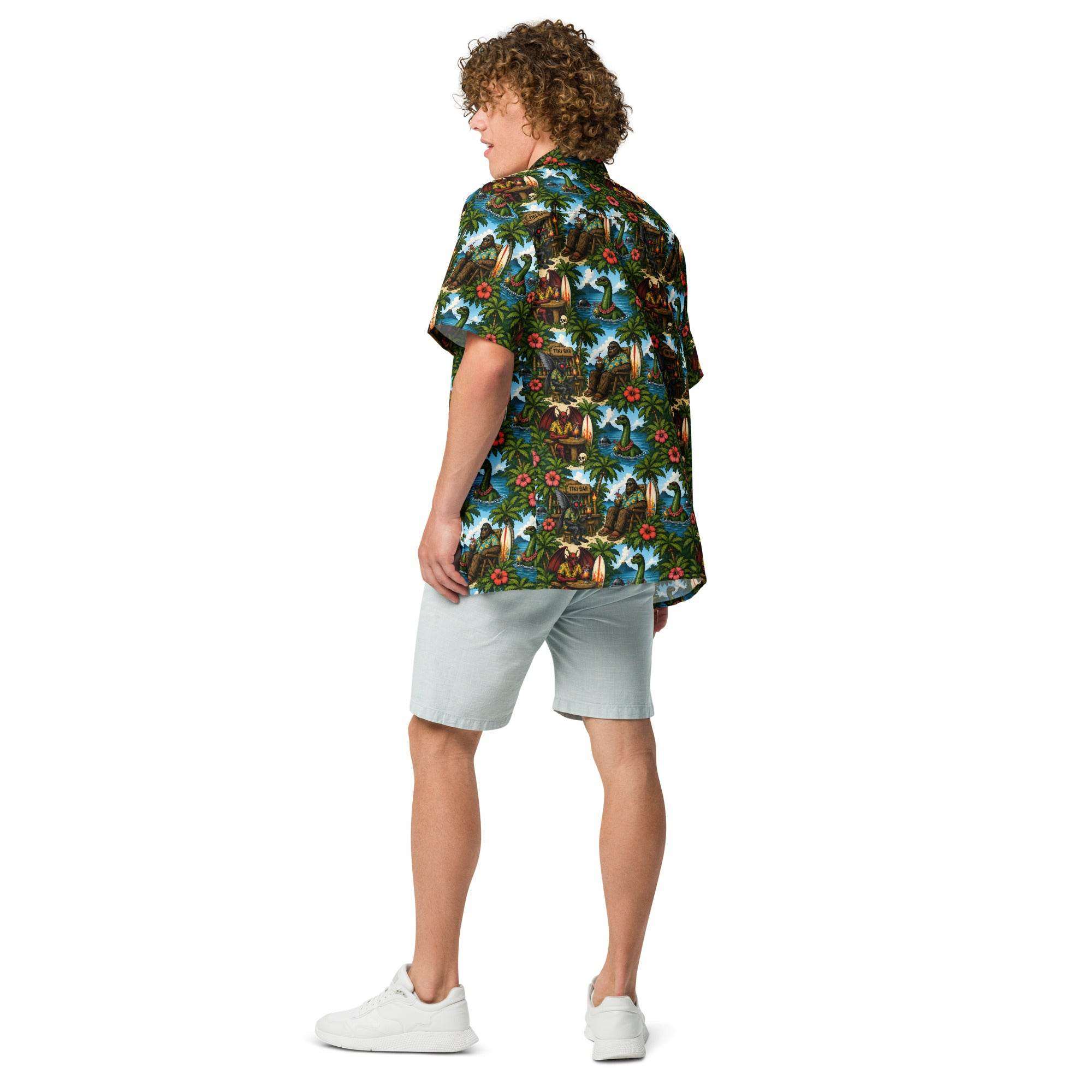 Bigfoot Hawaiian shirt with tropical Sasquatch tiki print and UPF 50+ sun protection