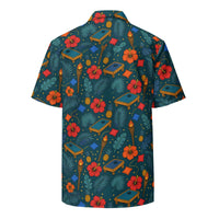Tropical cornhole Hawaiian shirt with boards, bean bags, tiki torches, and pineapples on teal background, unisex UPF 50+ button-up