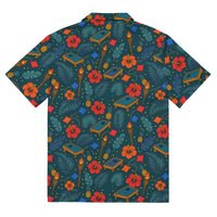 Tropical cornhole Hawaiian shirt with boards, bean bags, tiki torches, and hibiscus on teal background, unisex UPF 50+ button-up