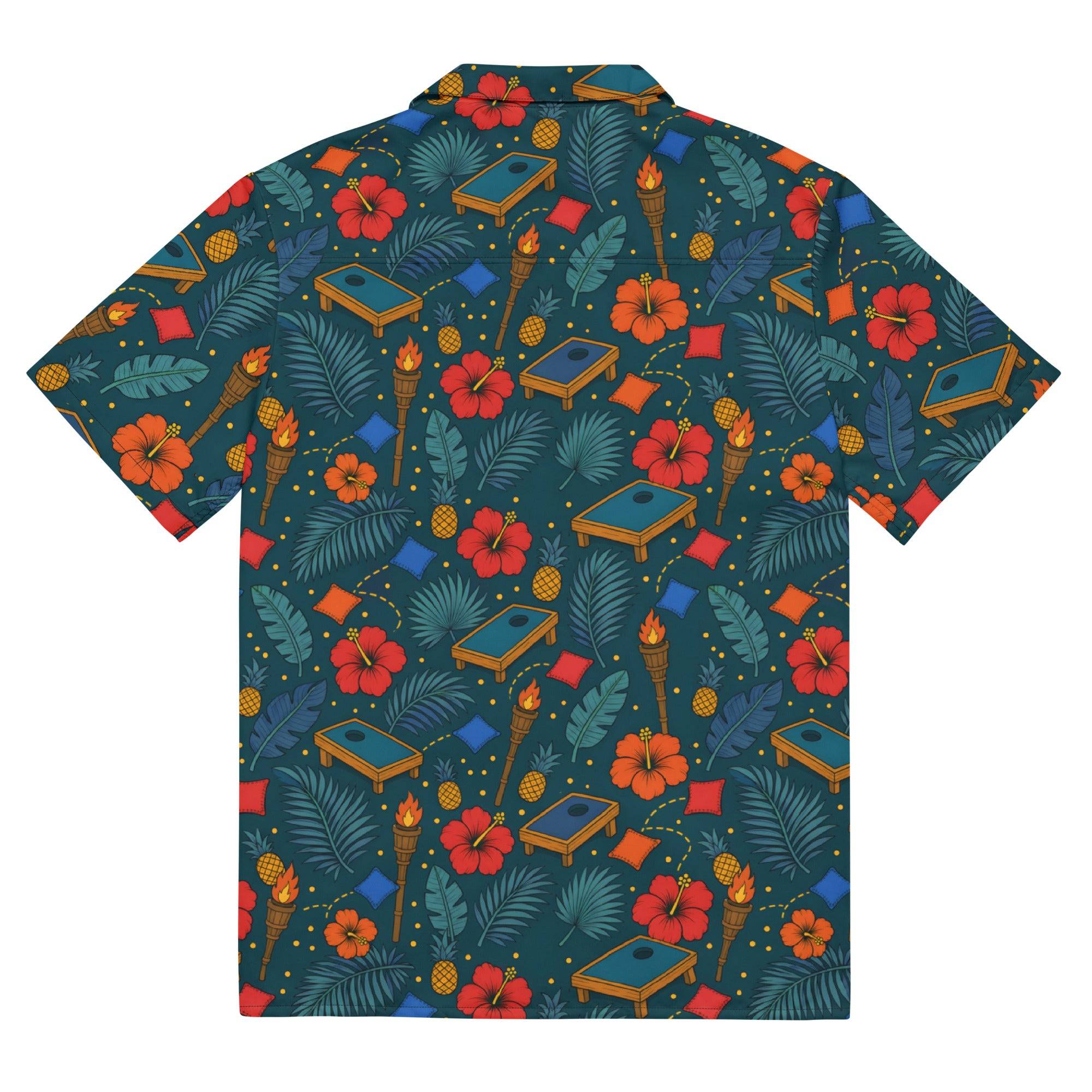 Tropical cornhole Hawaiian shirt with boards, bean bags, tiki torches, and hibiscus on teal background, unisex UPF 50+ button-up