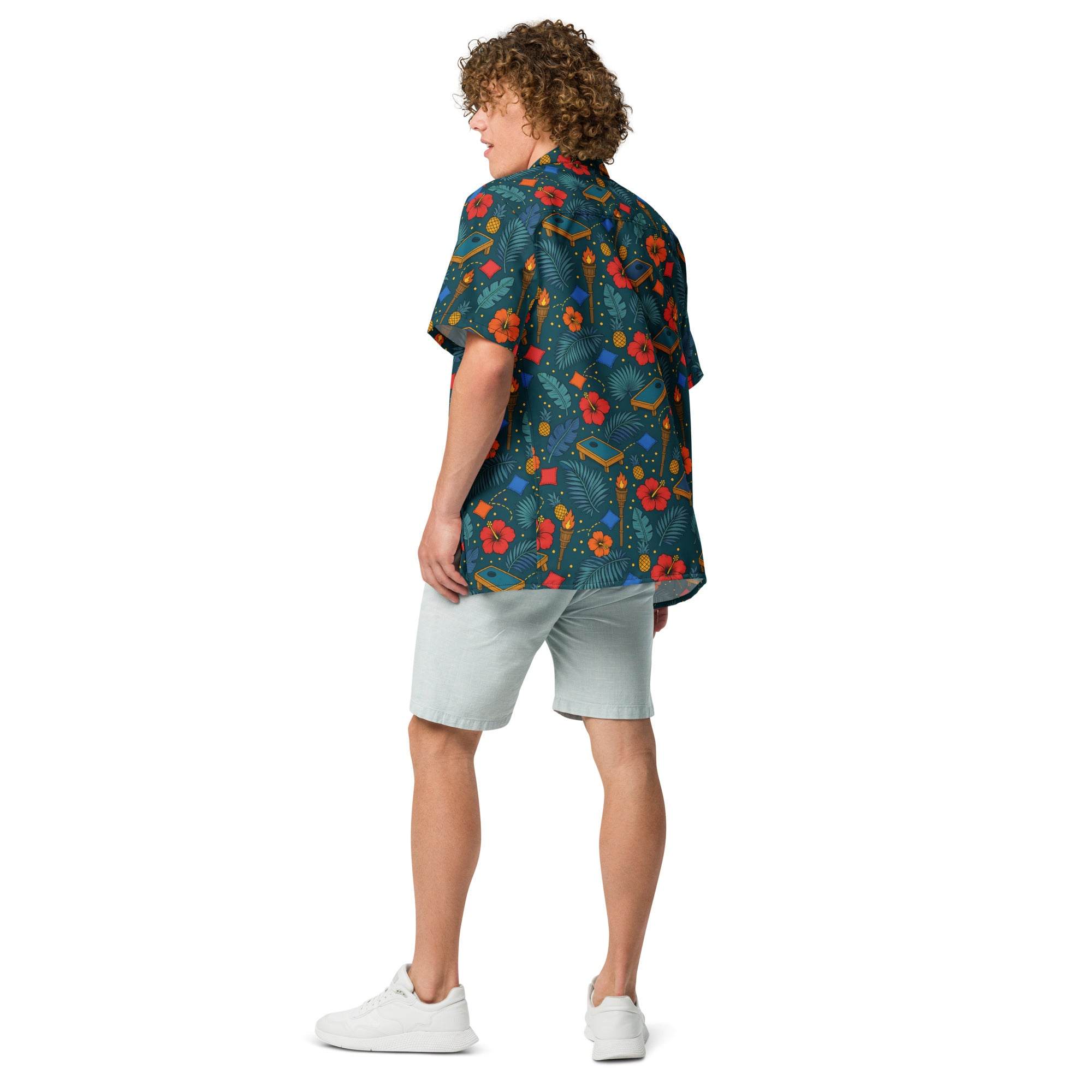 Tropical cornhole Hawaiian shirt with boards, bean bags, tiki torches, and hibiscus on teal background, unisex UPF 50+ button-up
