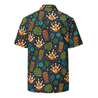 Navy Tropical Bowling Hawaiian Shirt with tiki masks, bowling pins, and tropical leaves print, camp collar, and button-down design