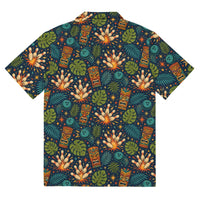 Navy tropical bowling Hawaiian shirt with tiki masks, bowling pins, and jungle leaves pattern, camp collar, button-down front, lightweight and breathable fabric.