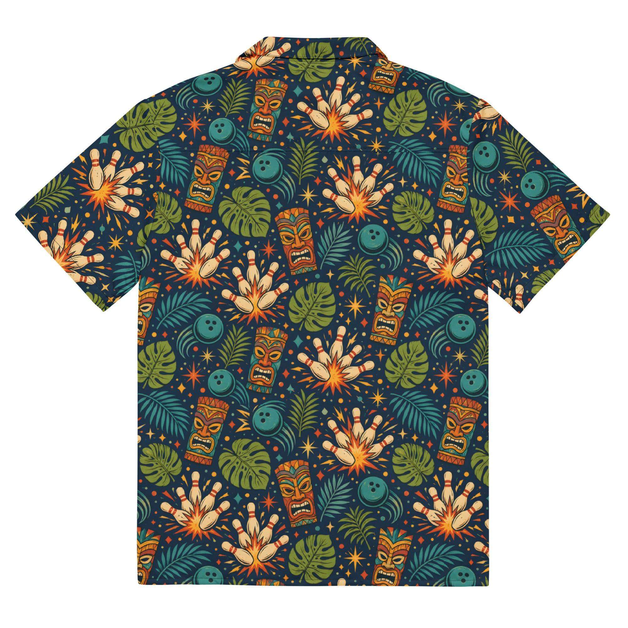 Navy tropical bowling Hawaiian shirt with tiki masks, bowling pins, and jungle leaves pattern, camp collar, button-down front, lightweight and breathable fabric.