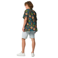 Navy Tropical Bowling Hawaiian Shirt with tiki masks, bowling pins, and jungle leaves print, camp collar, and relaxed fit