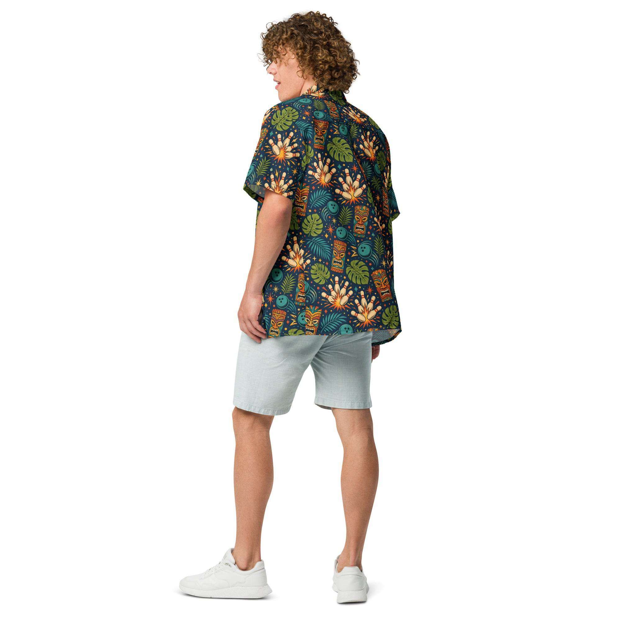 Navy Tropical Bowling Hawaiian Shirt with tiki masks, bowling pins, and jungle leaves print, camp collar, and relaxed fit