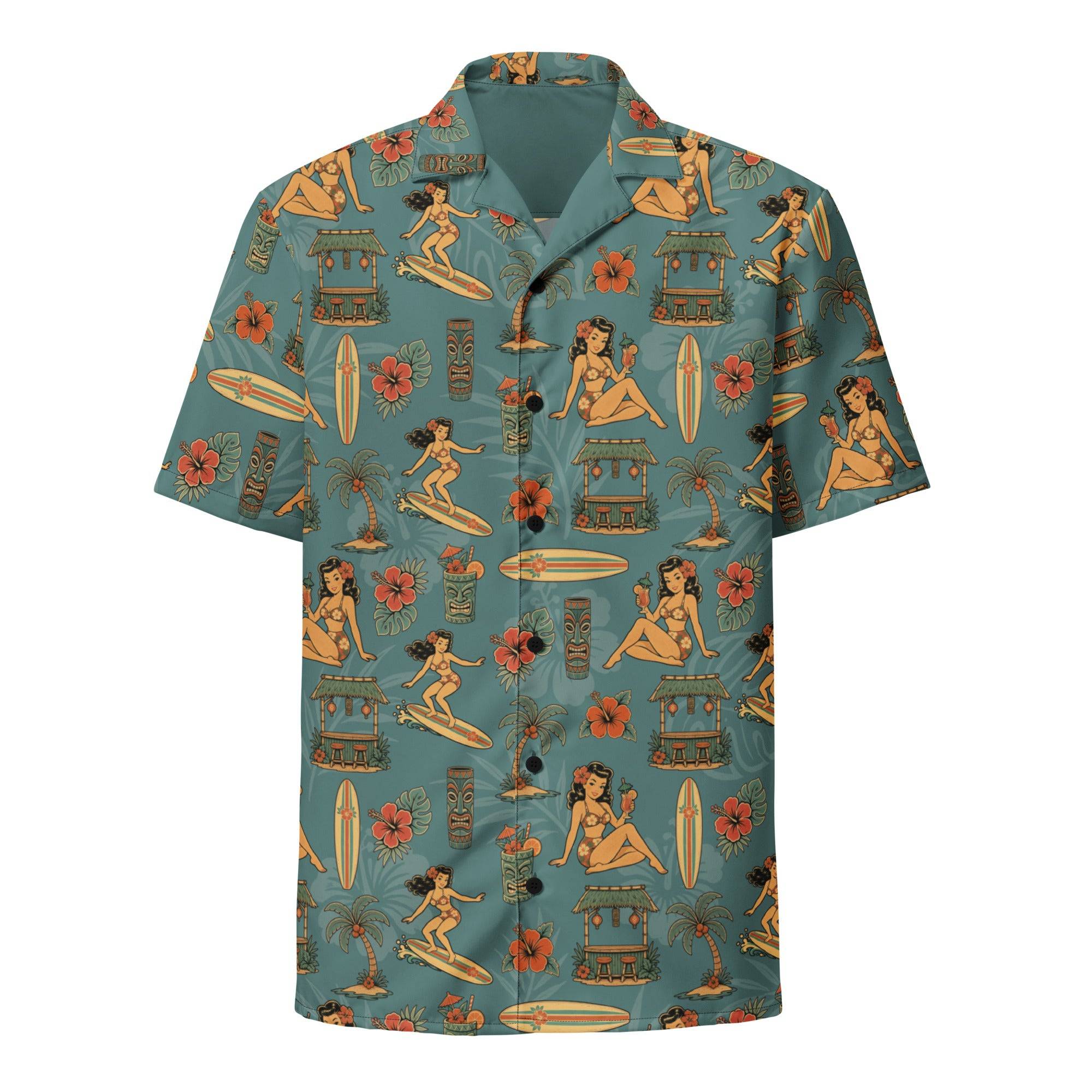 Retro pinup Hawaiian shirt with vintage surf girl and tropical tiki print