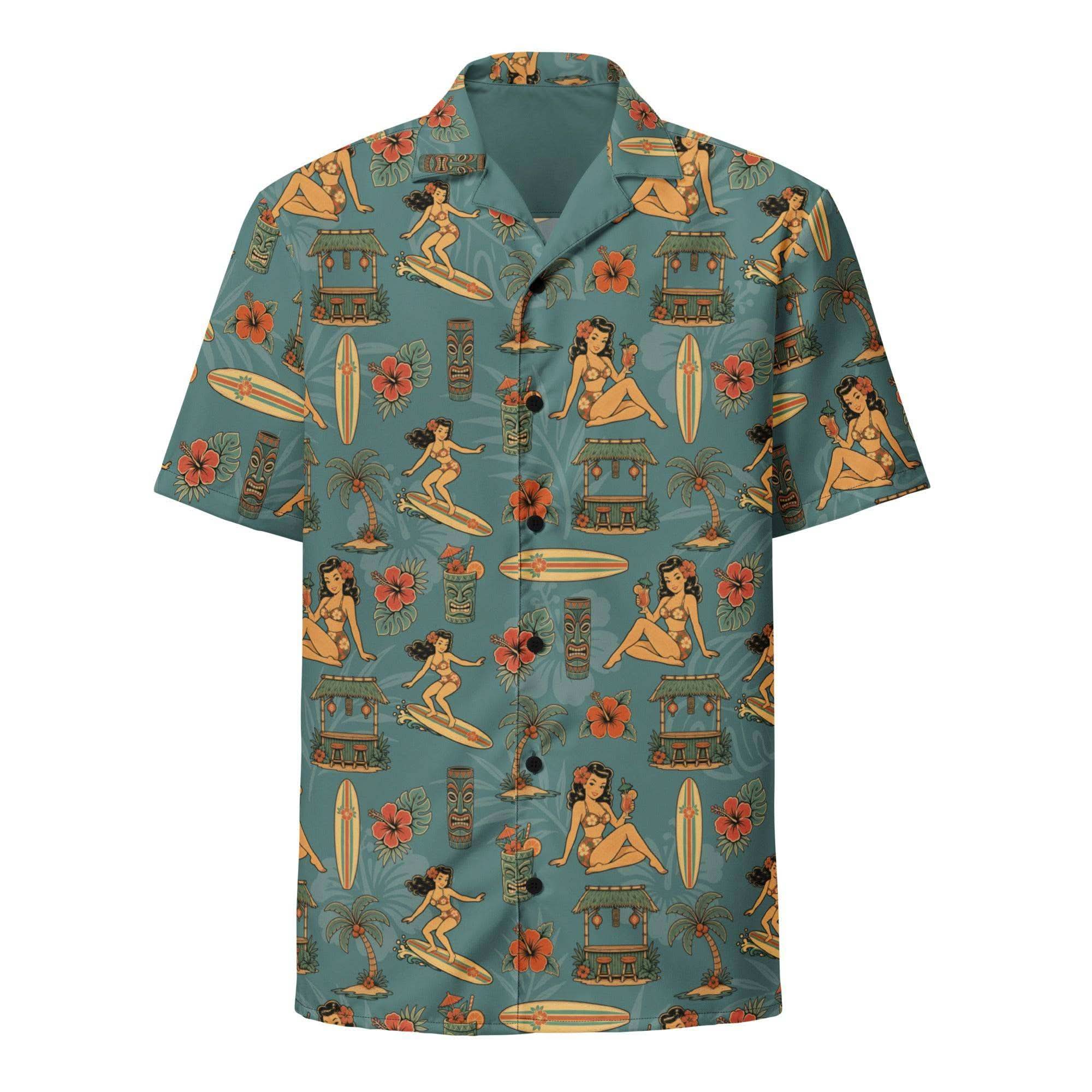 Retro pinup Hawaiian shirt with vintage surf girl and tropical tiki print