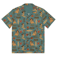 Retro Pinup Hawaiian Shirt – 50s Surf Girl Tropical All-Over Print Button Up | Vintage Tiki Summer Shirt