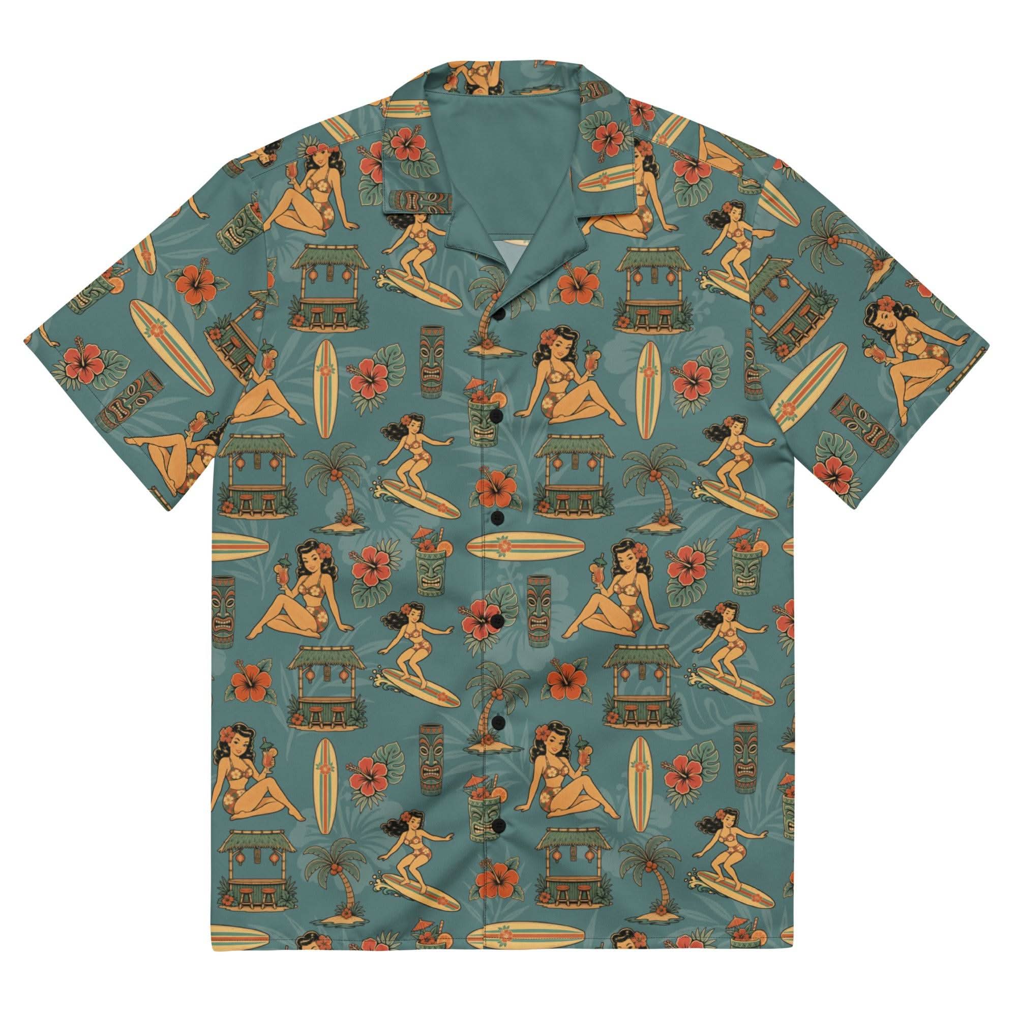 Retro Pinup Hawaiian Shirt – 50s Surf Girl Tropical All-Over Print Button Up | Vintage Tiki Summer Shirt