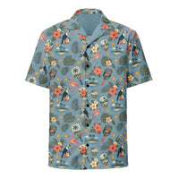 Dusty-blue unisex Pickleball Hawaiian shirt with vintage paddles, flamingos, toucans, and tropical print, UPF 50+ protection