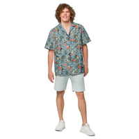 Dusty-blue Pickleball Hawaiian shirt with vintage paddles, flamingos, toucans, and tropical print, unisex UPF 50+ breathable fabric