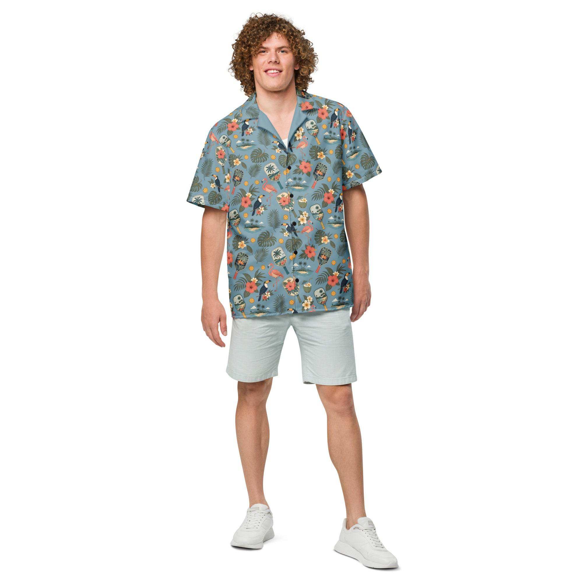 Dusty-blue Pickleball Hawaiian shirt with vintage paddles, flamingos, toucans, and tropical print, unisex UPF 50+ breathable fabric