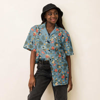 Dusty-blue Pickleball Hawaiian shirt with vintage paddles, flamingos, toucans, and tropical print, unisex UPF 50+ button-up