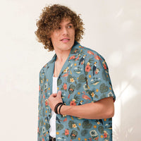 Pickleball Hawaiian shirt with tropical vintage paddles, flamingos, toucans, UPF 50+ sun protection, unisex oversized button-up