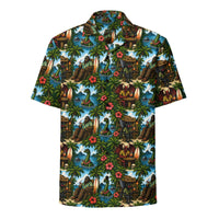 Unisex Bigfoot Hawaiian shirt with tropical Sasquatch tiki print and UPF 50+ sun protection