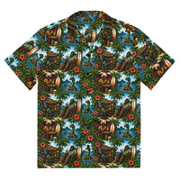 Bigfoot Hawaiian shirt with tropical Sasquatch tiki print in vintage island colors, unisex UPF 50+ button-up