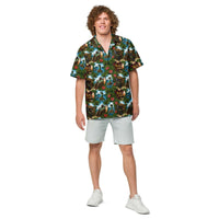 Unisex Bigfoot Hawaiian shirt with tropical Sasquatch tiki print and UPF 50+ sun protection